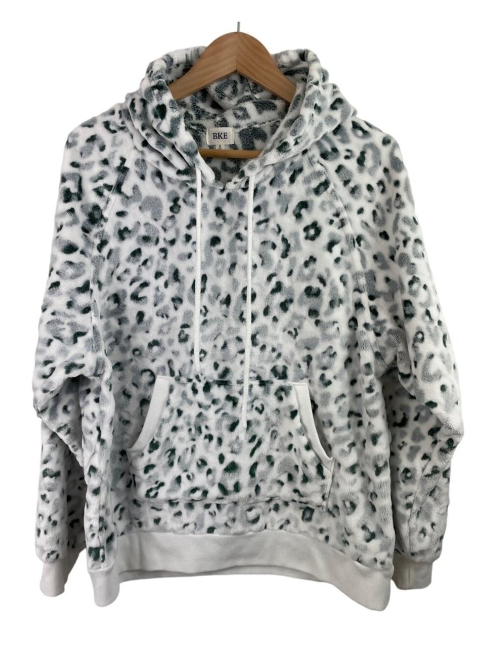 BKE Buckle Women Size Small White & Green Leopard Print Fleece Hoodie Sweatshirt